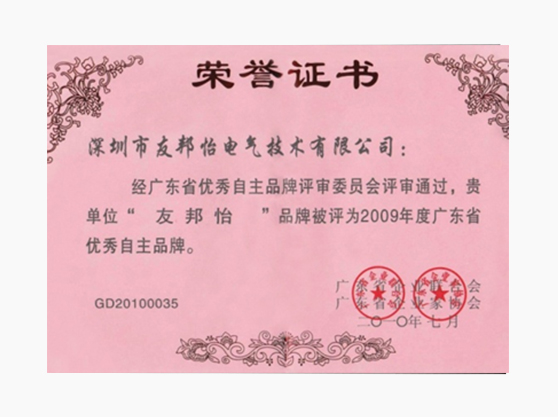 廣東省優(yōu)秀自主品牌榮譽(yù)證書